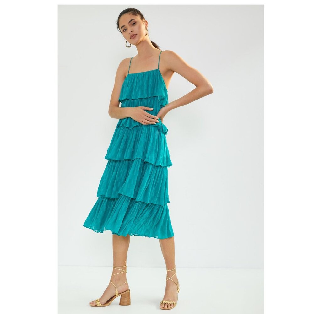 Anthropologie Tiered Ruffled Midi Dress / Size XL / Blue Green